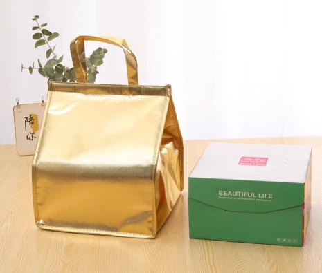 Double Layer Golden Cake Insulation Bag Striped Folding Takeaway Cooler Bag With Enhanced Style